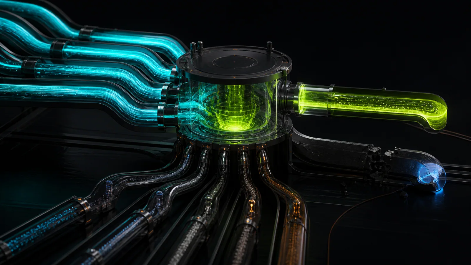 A matte-black acquisition instrument gathers many cyan cost streams, including dim hidden channels, into one complete lime customer signal.