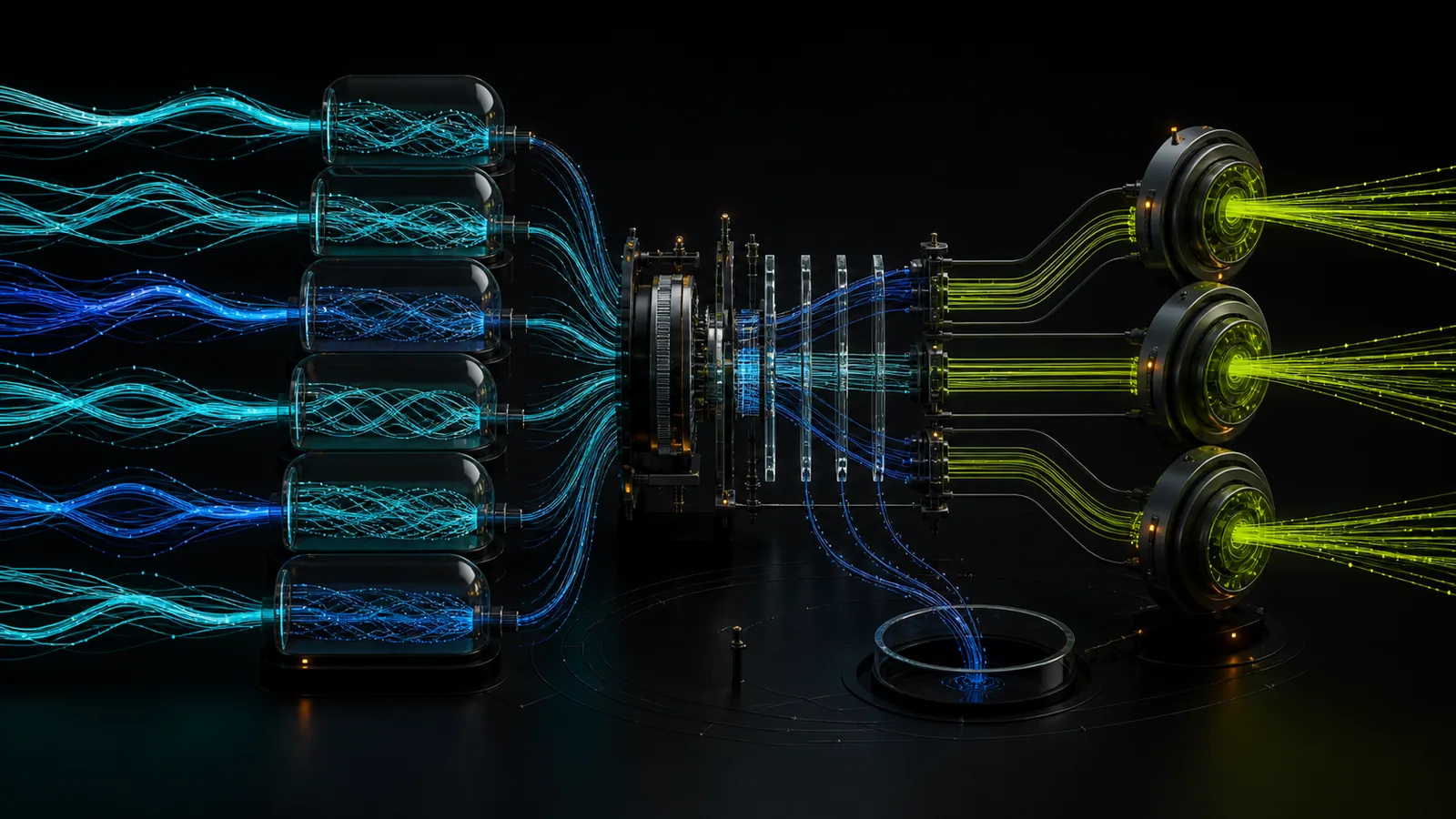 Distinct cyan and blue signal strands pass through glass research chambers, cluster by pattern, and exit as three focused lime action paths.