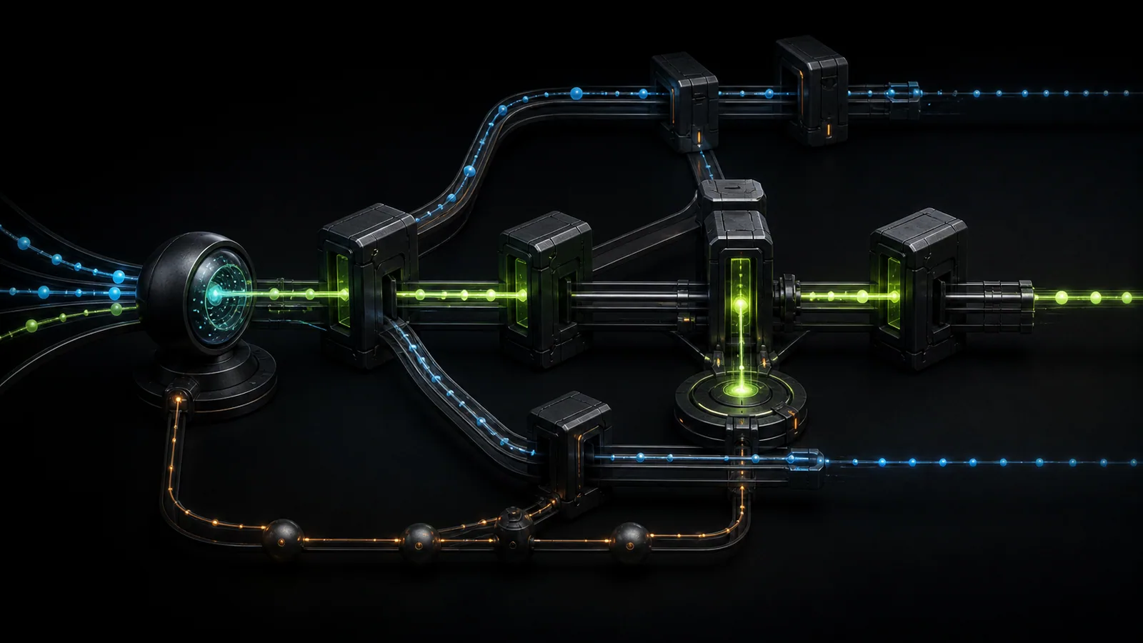 A dark lifecycle rail detects cyan event pulses, opens precise intervention gates, and returns lime outcome signals through a closed feedback path.