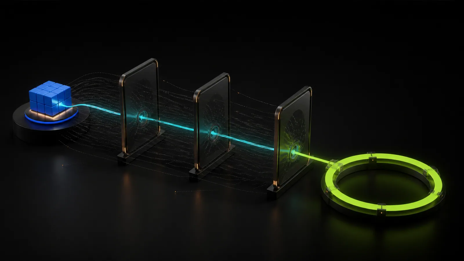 A finished blue feature module crosses three precise glass gates before locking into a bright lime loop that represents repeated customer value.