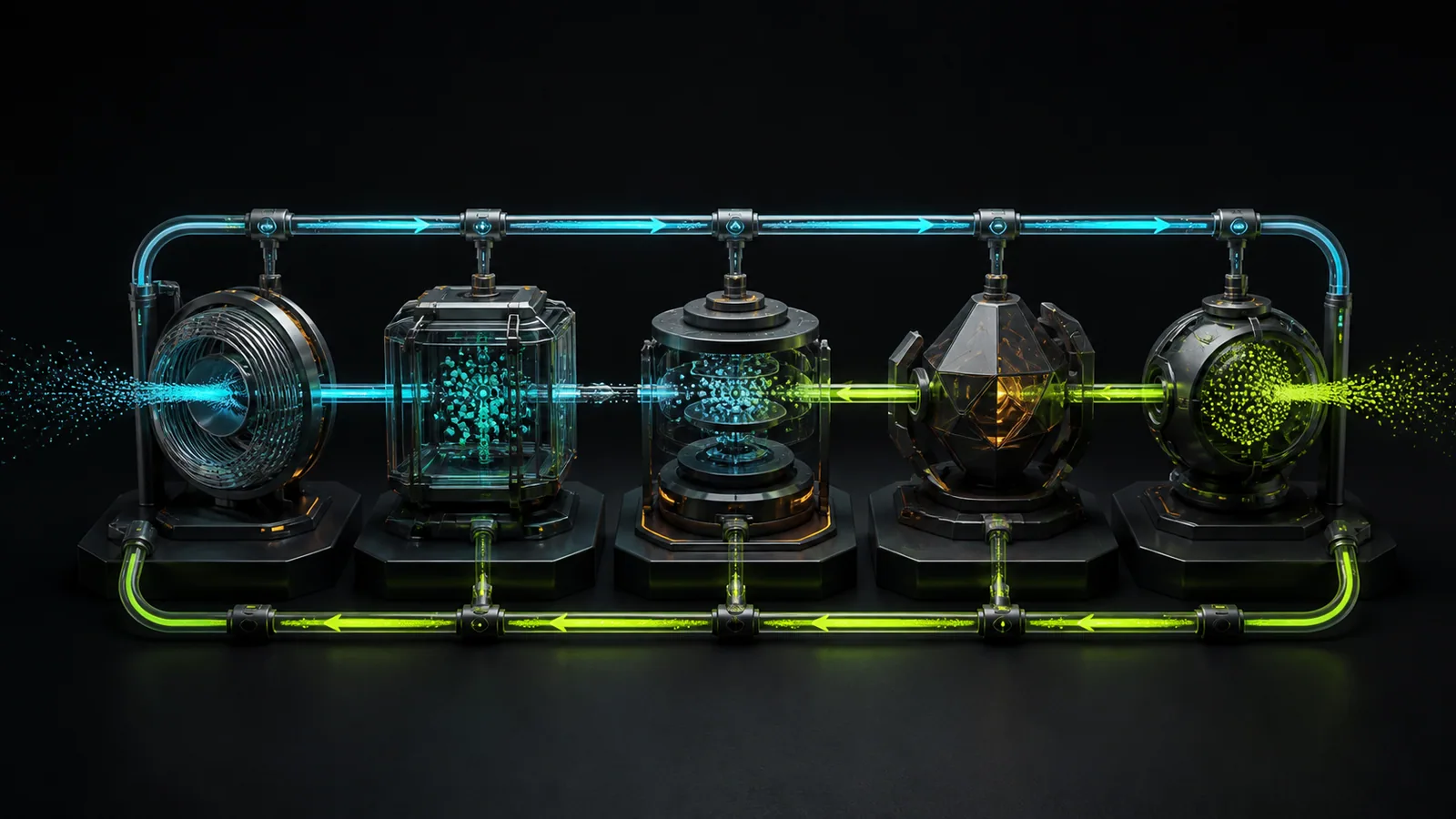 Five distinct matte-black growth modules share one cyan and lime dependency spine, with feedback moving both forward and backward across the system.