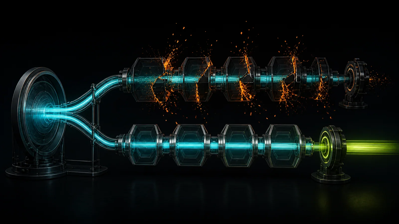 A large cyan acquisition amplifier overwhelms a cracked dark funnel system while a repaired parallel path converts the same input into a steady lime signal.
