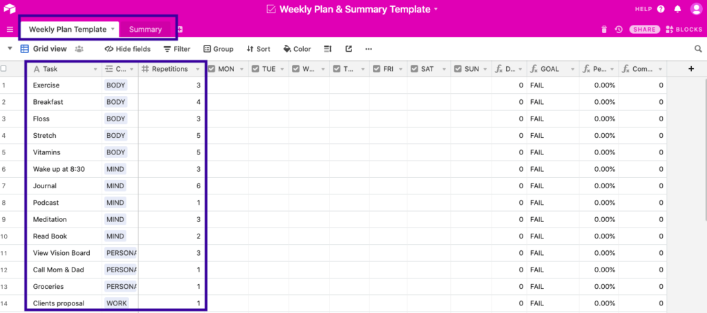 Weekly Plan Tab - Here you list your tasks and habits (repetitive tasks)